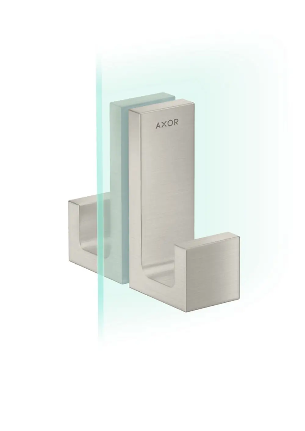 Edelstahl Duschtürgriff von AXOR mit rechteckiger Form. Der Griff besteht aus einer klaren, minimalistischen Struktur und ist zum Montieren an Duschtüren geeignet.